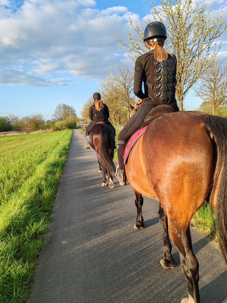 Zwei Reiterinnen auf einem Weg zwischen Feldern
